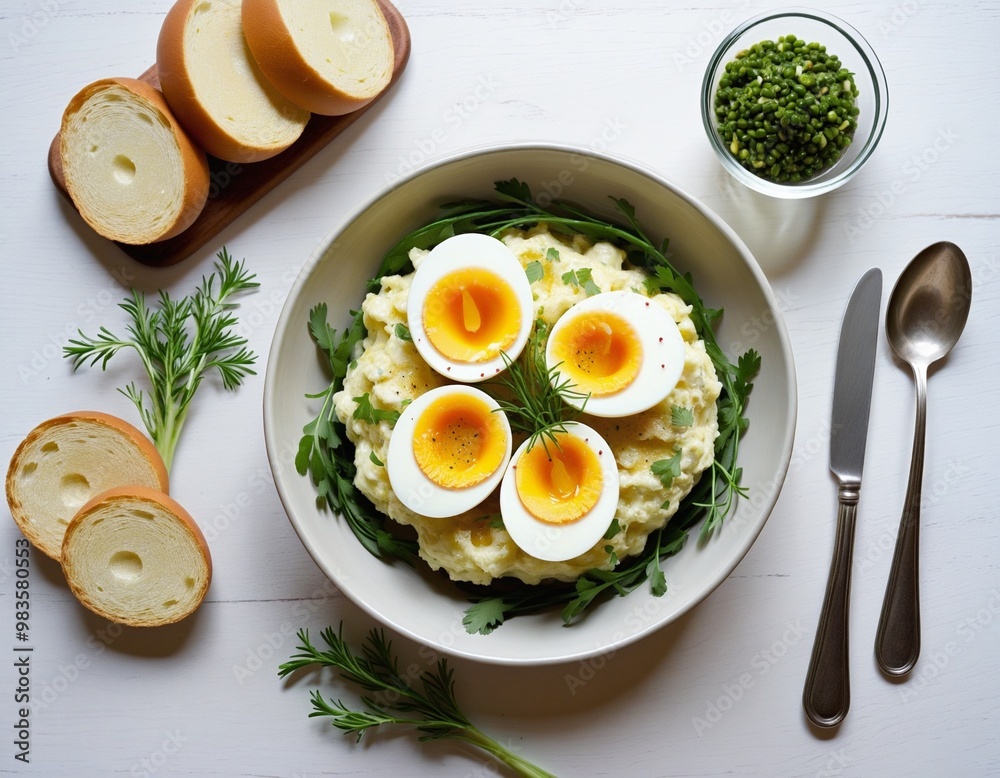 Delicious Egg Salad with Fresh Garnishes and Crusty Bread Delicious Egg Salad with Fresh Garnishes and Crusty Bread