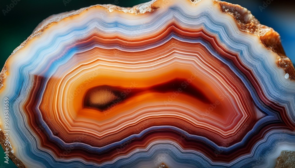 Closeup of cross section of agate crystal with distinct vibrant color wavy lines. Agate slice mineral background. Closeup of cross section of agate crystal with distinct vibrant color wavy lines. Agate slice mineral background.