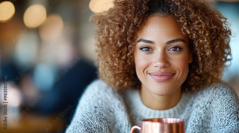 A woman is holding a copper mug while seated in a warmly lit cafe, with an inviting expression, surrounded by soft lighting and a contemporary setting. A woman is holding a copper mug while seated in a warmly lit cafe, with an inviting expression, surrounded by soft lighting and a contemporary setting.