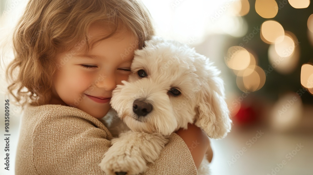 A content child with eyes closed joyfully hugs her fluffy dog, forming a heartwarming scene against a soft, blurred background, conveying peace and love.
