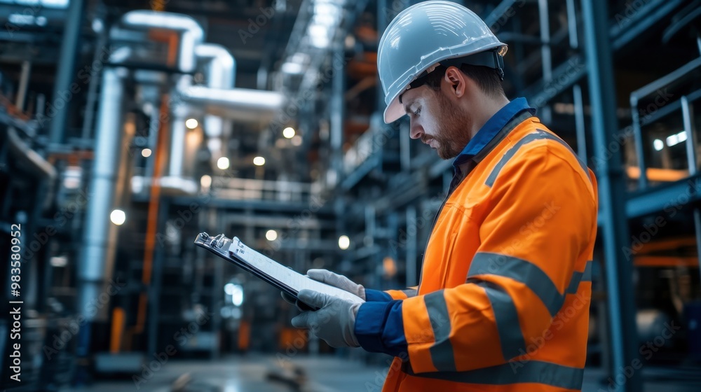 An environmental engineer performing an air quality assessment at an industrial facility. An environmental engineer performing an air quality assessment at an industrial facility.