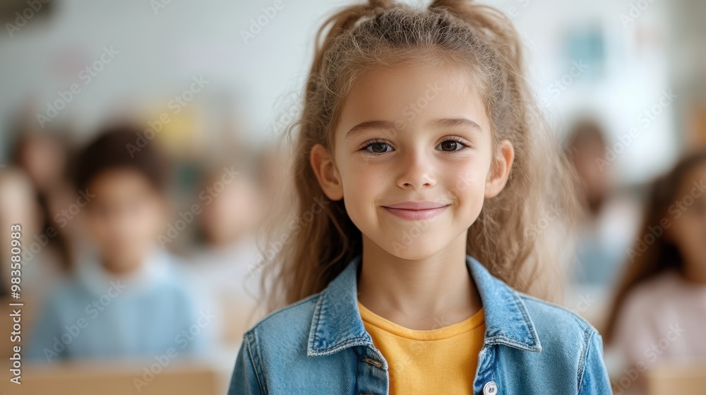 A blonde girl with a sweet smile wearing a denim jacket stands in a classroom, exuding happiness among classmates with a gentle atmosphere of learning around her. A blonde girl with a sweet smile wearing a denim jacket stands in a classroom, exuding happiness among classmates with a gentle atmosphere of learning around her.