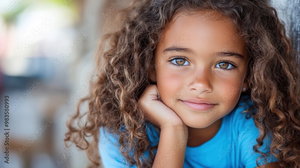 A young girl with deep brown eyes and curly hair smiles softly, leaning her cheek on her hand, exuding warmth and charm against a gentle, soft-focus background. A young girl with deep brown eyes and curly hair smiles softly, leaning her cheek on her hand, exuding warmth and charm against a gentle, soft-focus background.