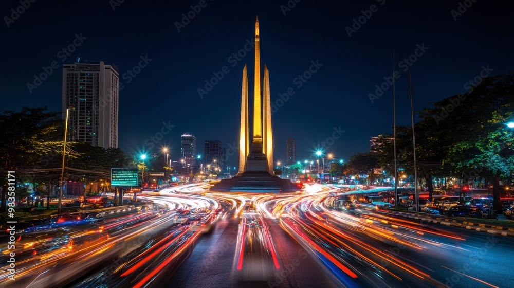 Fototapeta premium Bangkok Democracy Monument at night, lit up and surrounded by passing traffic.
