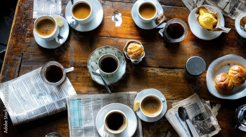 An overhead shot of a breakfast table with multiple cups of coffee, plates of pastries, and a newspaper spread out.