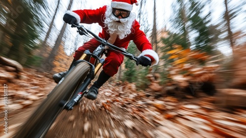 Dressed as Santa Claus, this cyclist wields a mountain bike down a forest trail, merging the festive holiday spirit with the thrilling excitement of outdoor adventure.