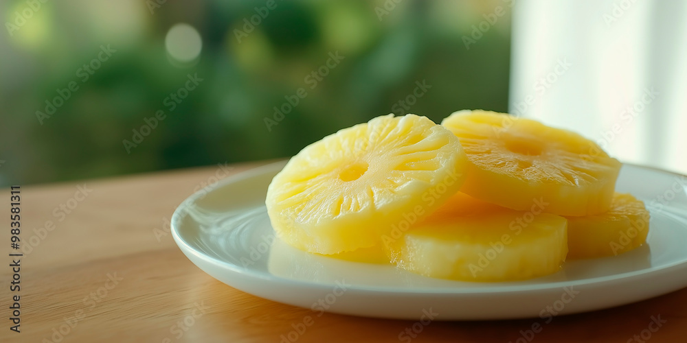 Pineapple slices on white plate on wooden table Pineapple slices on white plate on wooden table