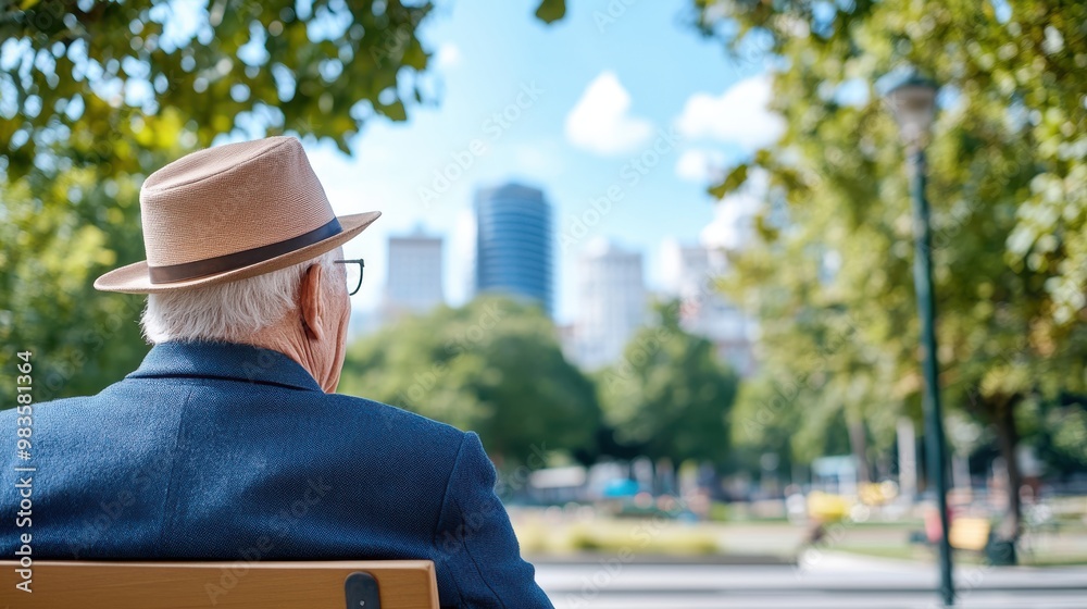 An elderly man is sitting on a park bench, wearing a fedora, with an urban cityscape in the background. The image captures a moment of reflection and relaxation in nature. An elderly man is sitting on a park bench, wearing a fedora, with an urban cityscape in the background. The image captures a moment of reflection and relaxation in nature.