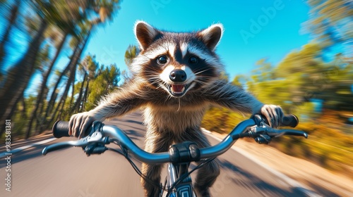 A raccoon joyfully rides a bicycle along a sunny trail in a forest, showcasing its adventurous spirit and playful demeanor