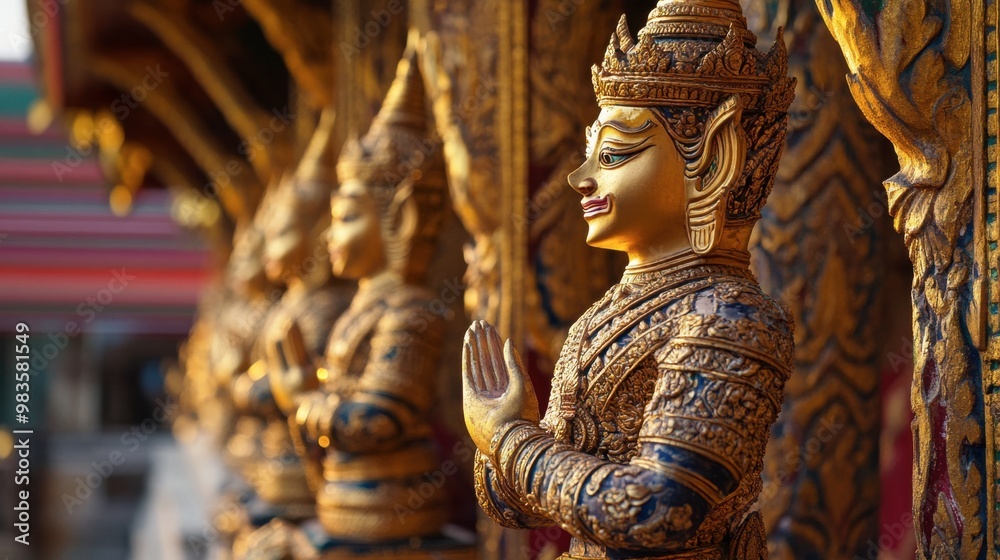 Fototapeta premium Golden statues and intricate carvings inside Wat (Marble Temple) in Bangkok.