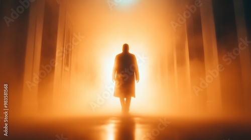 A lone figure is silhouetted against bright light while walking down a foggy, mist-filled corridor with an eerie, mysterious atmosphere. photo