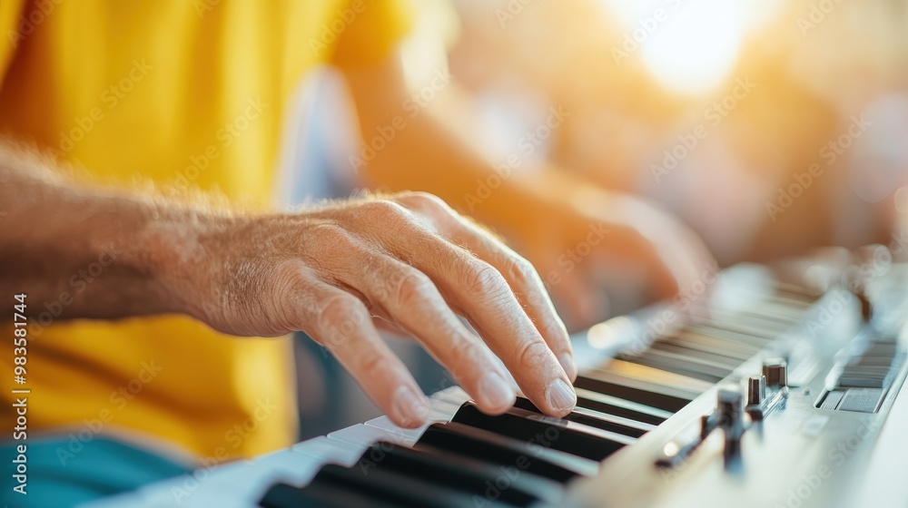 A close-up view of hands playing a keyboard under bright sunlight, highlighting the musician's skill and passion in an outdoor setting during golden hour. A close-up view of hands playing a keyboard under bright sunlight, highlighting the musician's skill and passion in an outdoor setting during golden hour.