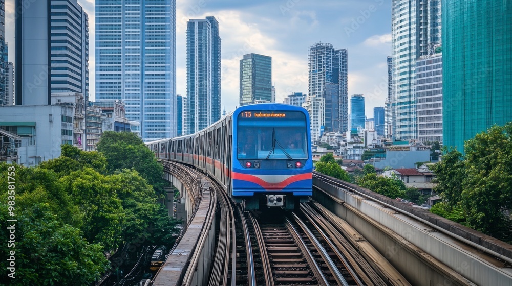 Skytrain running on elevated tracks through the commercial district of Bangkok, with modern buildings on both sides. Skytrain running on elevated tracks through the commercial district of Bangkok, with modern buildings on both sides.
