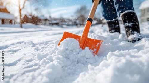 A person is shoveling snow off a suburban street during winter, with snowflakes gently falling and creating a picturesque winter scene that highlights the beauty of the season.