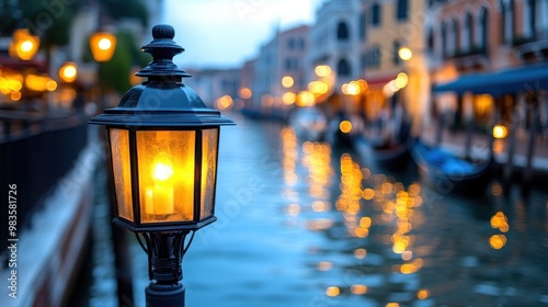 A vintage-style lamp illuminates a canalside in a charming town, with gondolas and twinkling lights reflecting on the canal water, evoking romance and tranquility. photo