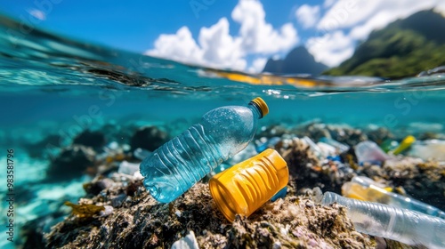 An underwater view showcasing plastic bottles and trash contaminating a coral reef, depicting the pressing environmental issue of ocean pollution and its impact on marine life.