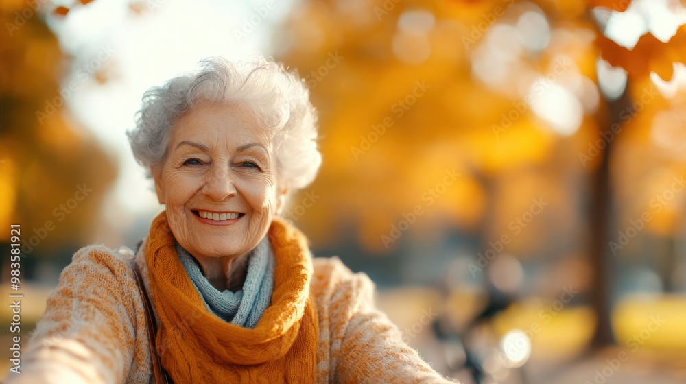An elderly lady enjoys a beautiful autumn day, surrounded by vibrant fall colors. She is warmly dressed in a cozy sweater and scarf, embodying the essence of seasonal comfort. An elderly lady enjoys a beautiful autumn day, surrounded by vibrant fall colors. She is warmly dressed in a cozy sweater and scarf, embodying the essence of seasonal comfort.