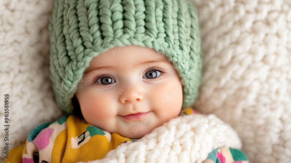 An endearing image of a baby wearing a green knit hat and wrapped snuggly in a soft and cozy blanket, highlighting the warmth and care of parental love. An endearing image of a baby wearing a green knit hat and wrapped snuggly in a soft and cozy blanket, highlighting the warmth and care of parental love.
