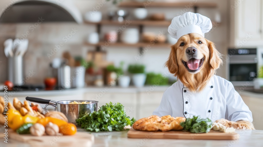 A dog dressed in a chef uniform stands in a kitchen filled with various fresh vegetables and cooked dishes, showcasing a playful and culinary-themed setup. A dog dressed in a chef uniform stands in a kitchen filled with various fresh vegetables and cooked dishes, showcasing a playful and culinary-themed setup.