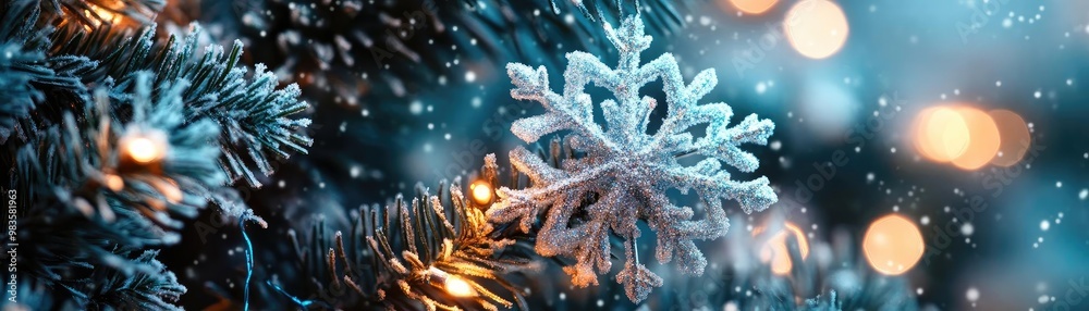 A close-up of a snowflake resting on a frosty pine branch with sparkling lights, evoking the magic of winter and holiday spirit. A close-up of a snowflake resting on a frosty pine branch with sparkling lights, evoking the magic of winter and holiday spirit.