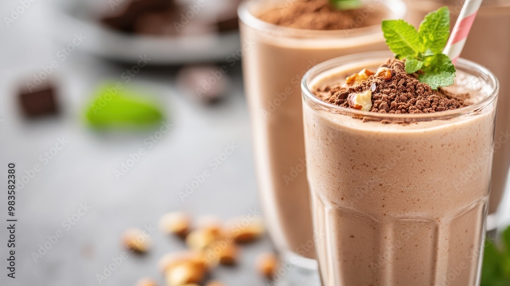 A tempting image of a chocolate milkshake topped with nuts and a mint leaf, served in a glass with a straw, highlighting refreshing and indulgent flavors. A tempting image of a chocolate milkshake topped with nuts and a mint leaf, served in a glass with a straw, highlighting refreshing and indulgent flavors.
