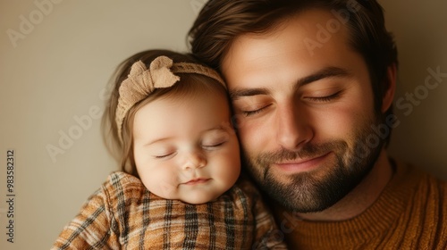 Baby girl asleep on dad's chest, both wearing matching plaid, warm beige wall