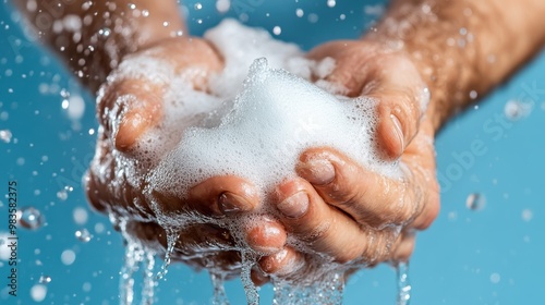 A close-up of hands actively washing with soap, creating a fluffy foam, representing cleanliness and hygiene, set against a clear blue background.