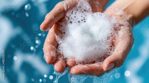 A visual representation of hands enveloped in soapy foam, actively washing, against a blue backdrop, capturing cleanliness, hygiene, and the importance of sanitation.