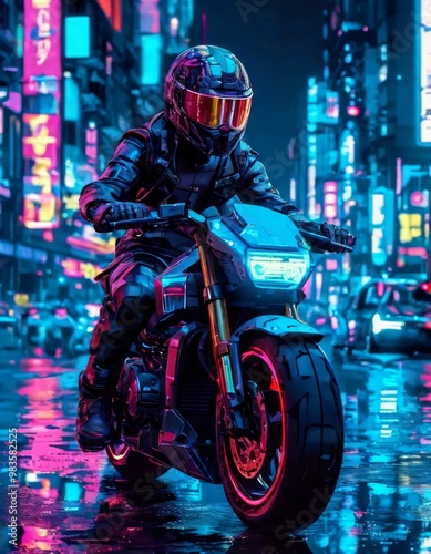 A futuristic motorcyclist in full gear, including a reflective visor helmet, speeds through neon-lit streets of a cyberpunk city at night. The scene reflects themes of technology, speed, and urban photo