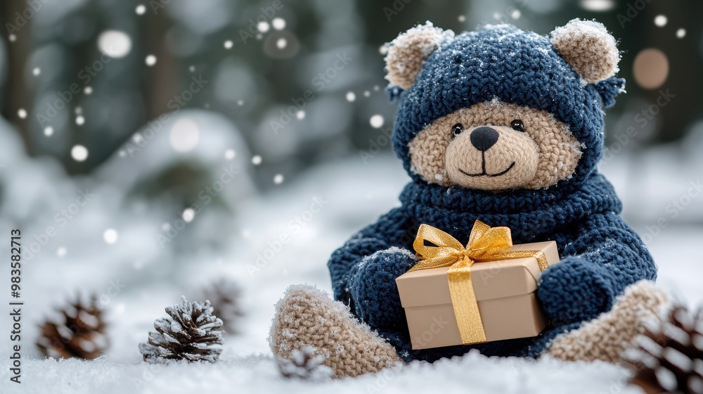 An endearing teddy bear dressed in a cozy blue knitted sweater, holding a gift decorated with a golden bow, seated among snow-covered pinecones in a snowy forest, radiating warmth and joy. An endearing teddy bear dressed in a cozy blue knitted sweater, holding a gift decorated with a golden bow, seated among snow-covered pinecones in a snowy forest, radiating warmth and joy.