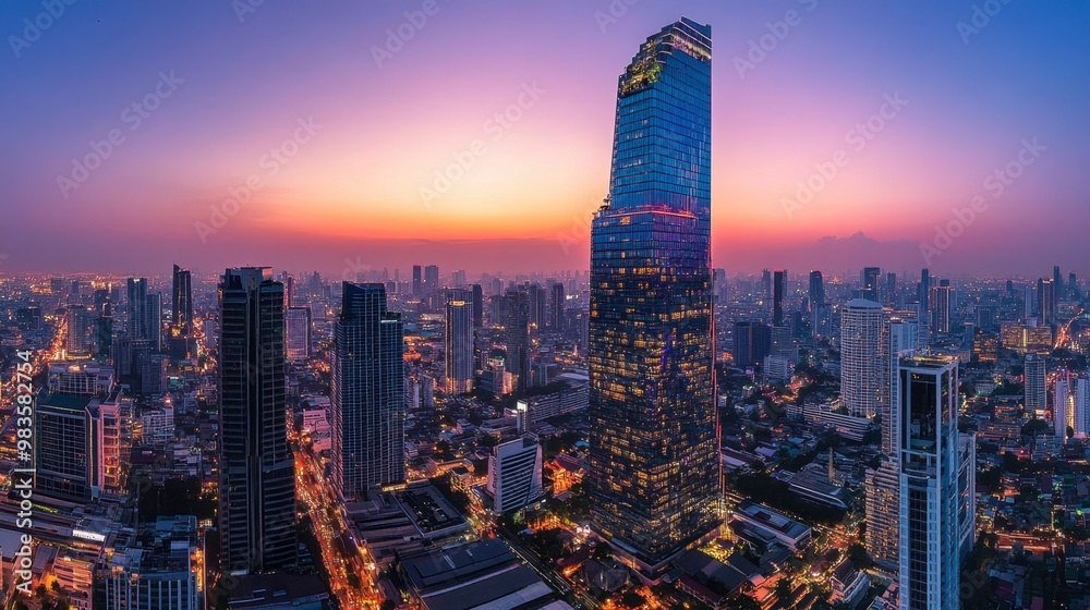 Obraz premium The futuristic architecture of Bangkok building, one of the tallest skyscrapers.