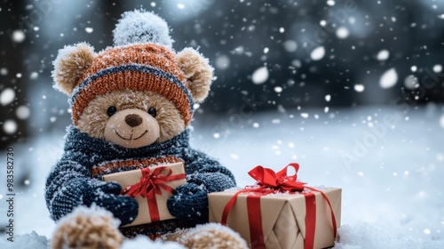 Charming teddy bear in a cozy winter outfit, holding a red ribbon-wrapped gift, sitting in the snow, with snowflakes falling around, creating a festive and heartwarming winter scene.