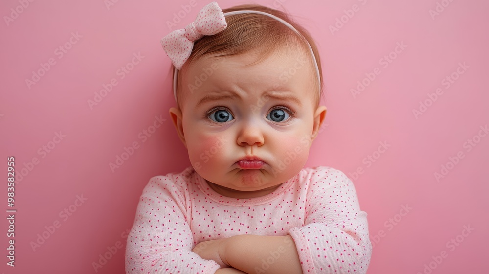 Sweet but Sulking - Upset Baby Girl with Adorable Pout and Crossed Arms Against Bubblegum Pink Backdrop Sweet but Sulking - Upset Baby Girl with Adorable Pout and Crossed Arms Against Bubblegum Pink Backdrop