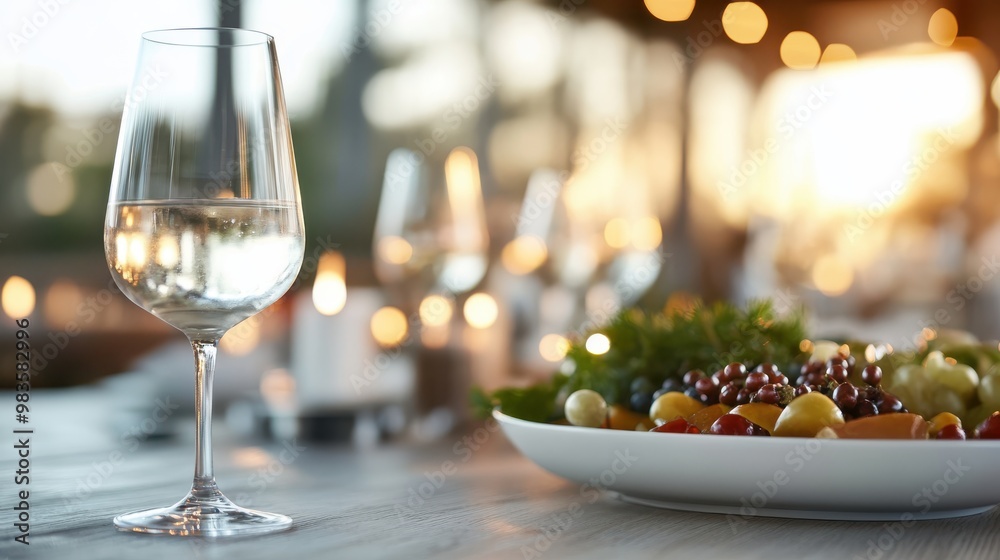 A beautiful dining setup with a clear wine glass, a plate of assorted fruits, and dimly lit candles creating a serene and festive atmosphere highlighted by blurred background lights. A beautiful dining setup with a clear wine glass, a plate of assorted fruits, and dimly lit candles creating a serene and festive atmosphere highlighted by blurred background lights.
