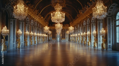 The historic de Versailles from the Hall of Mirrors, with chandeliers reflecting light.