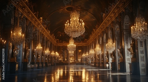 The historic de Versailles from the Hall of Mirrors, with chandeliers reflecting light.