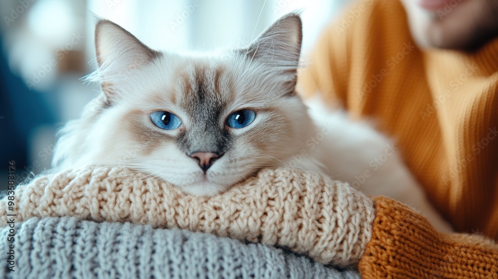 A fluffy cat with bright blue eyes resting on a cozy knitted blanket, exuding a sense of warmth and comfort in a tranquil indoor setting. A fluffy cat with bright blue eyes resting on a cozy knitted blanket, exuding a sense of warmth and comfort in a tranquil indoor setting.