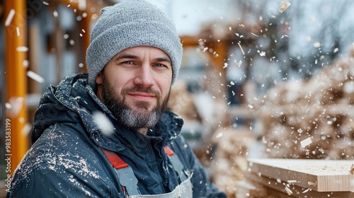 A rugged craftsman with a beanie operates in an outdoor woodshop, enveloped in falling snow and swirling shavings, embodying hard work amidst wintry conditions. photo