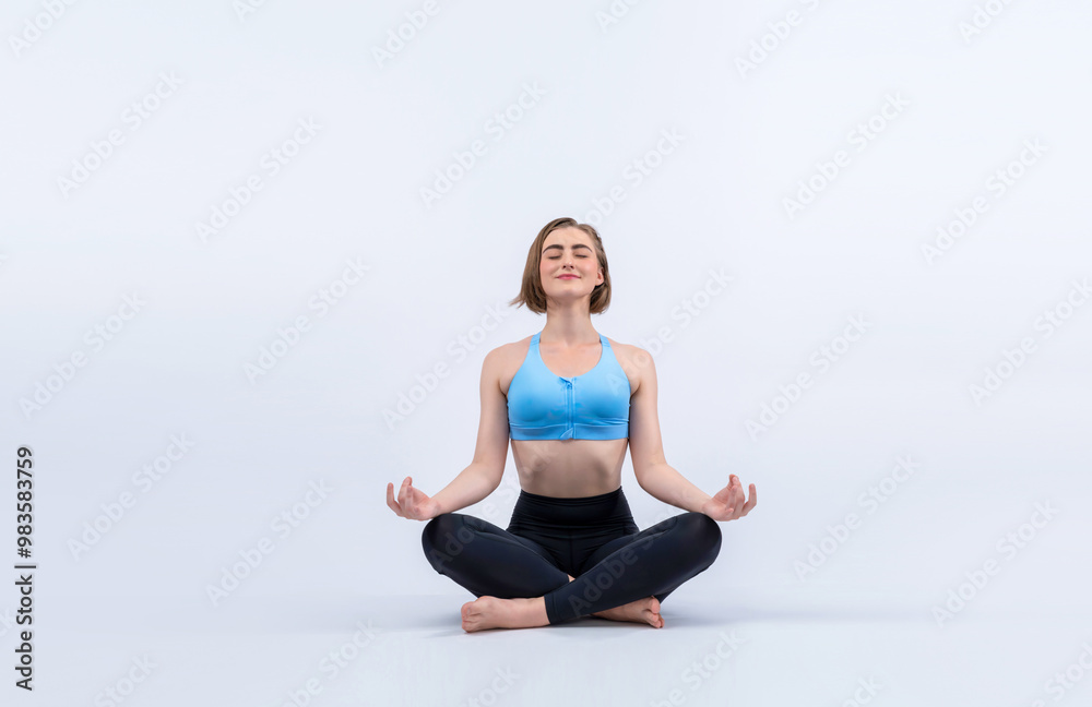 Full body length gaiety shot athletic and sporty woman doing healthy and meditative yoga exercise workout posture on isolated background. Healthy active and body care lifestyle Full body length gaiety shot athletic and sporty woman doing healthy and meditative yoga exercise workout posture on isolated background. Healthy active and body care lifestyle