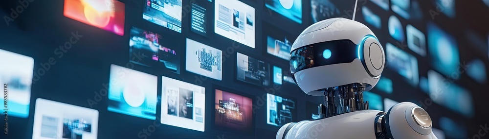 A futuristic robot interacting with digital media displays, representing advanced technology and innovation in artificial intelligence. A futuristic robot interacting with digital media displays, representing advanced technology and innovation in artificial intelligence.