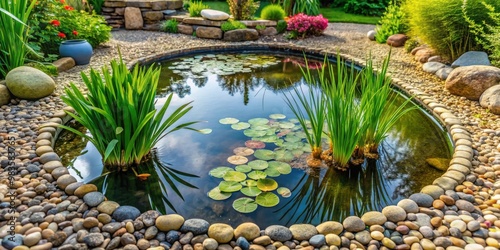 Zinkwanne als dekorativer Miniteich f?r naturnahen Garten mit Wasserpflanzen und Kieselsteinen photo