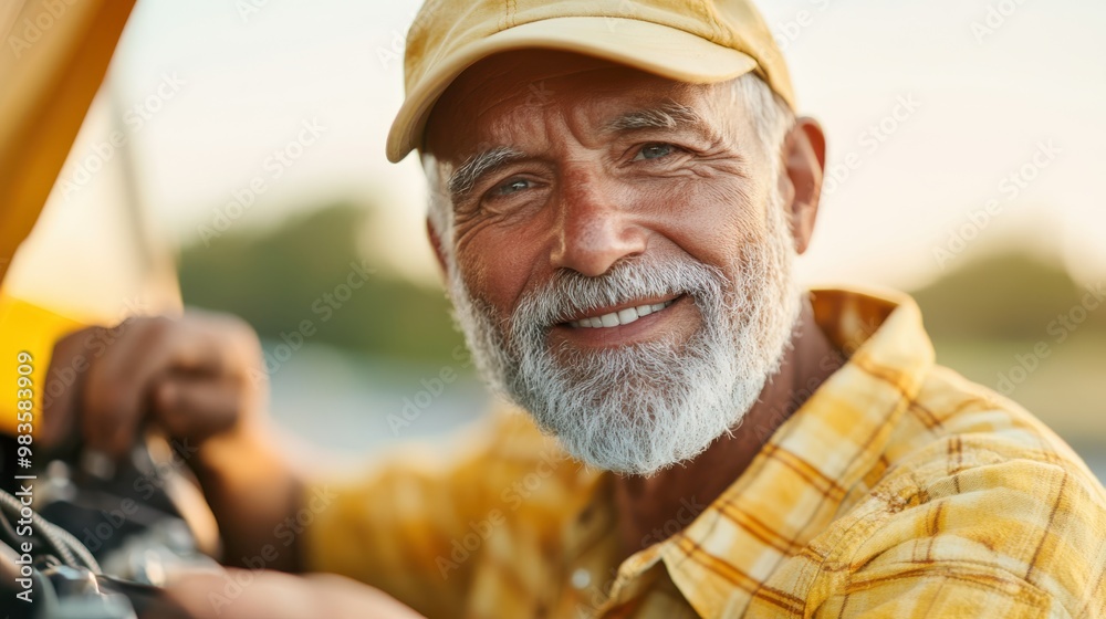 An elderly man in a yellow shirt and cap smiles warmly while sitting outdoors on a sunny day, his beard and gentle expression exuding wisdom and contentment.