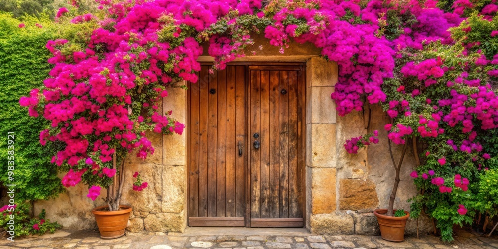 Fototapeta premium Rustic wooden door surrounded by vibrant bougainvillea flowers in a charming garden setting