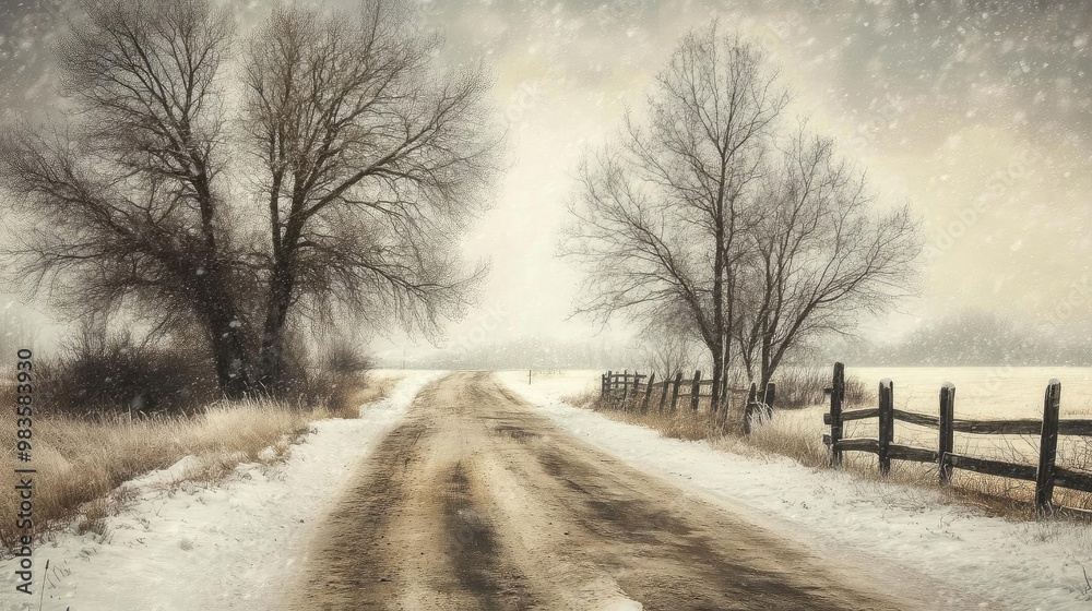 Obraz premium A tranquil winter scene featuring a snow-covered road, bare trees, and a rustic fence under a soft, snowy sky.