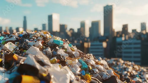 A cluttered pile of waste looms in the foreground against a backdrop of a city skyline, highlighting urban pollution and environmental concerns. photo