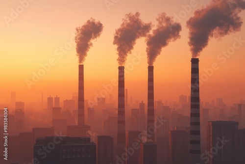 A sunset view shows smokestacks releasing thick plumes, highlighting industrial pollution against a hazy skyline. photo