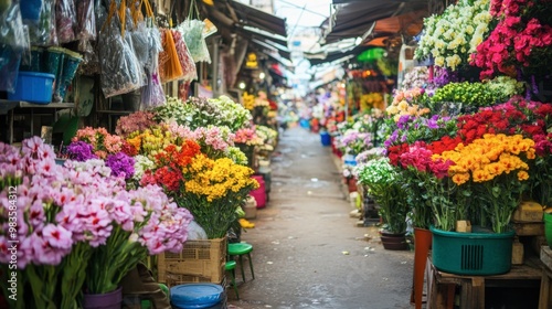 Vibrant Bangkok Flower Market, with rows of colorful flowers and fragrant blooms on display.