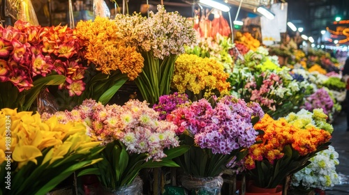 Vibrant Bangkok Flower Market, with rows of colorful flowers and fragrant blooms on display.