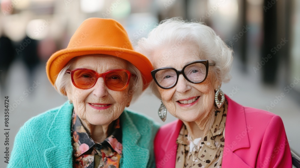Two sophisticated elderly women with distinct fashion sense, exuding confidence and charm, blending vintage style with modern elements elegantly. Two sophisticated elderly women with distinct fashion sense, exuding confidence and charm, blending vintage style with modern elements elegantly.