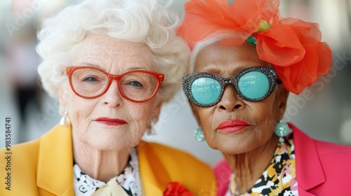 A pair of elderly women wearing bold hats and vibrant clothes, radiating confidence and charisma as icons of senior fashion and timeless elegance. photo